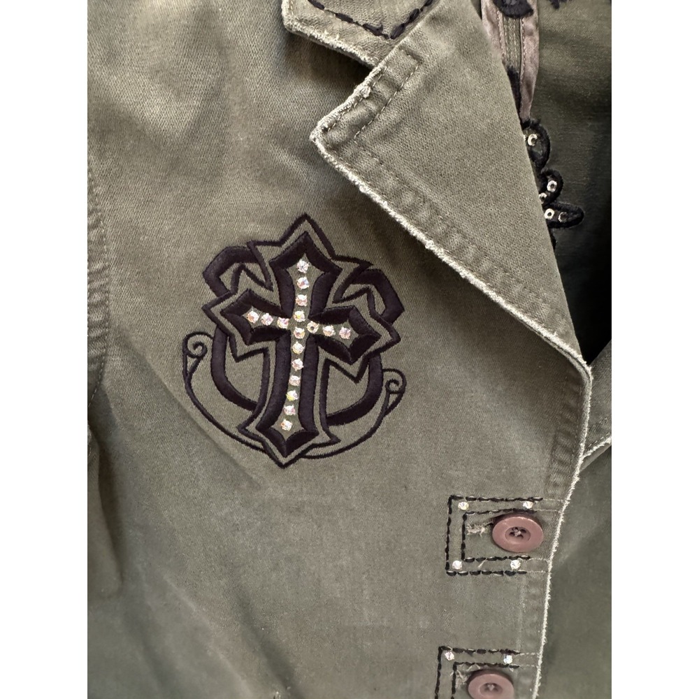Jaded by Knight Green Military-style Blazer Jacket with Leather & Crystals  Sz M - Picture 4 of 10